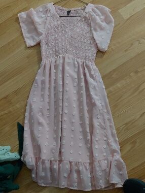 Midi Puff-Sleeve Pink Swiss Dot Dress